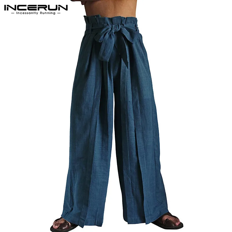 Leg-Pants Joggers Baggy Trousers INCERUN Retro Men Streetwear High-Waist Pantalon Solid-Color