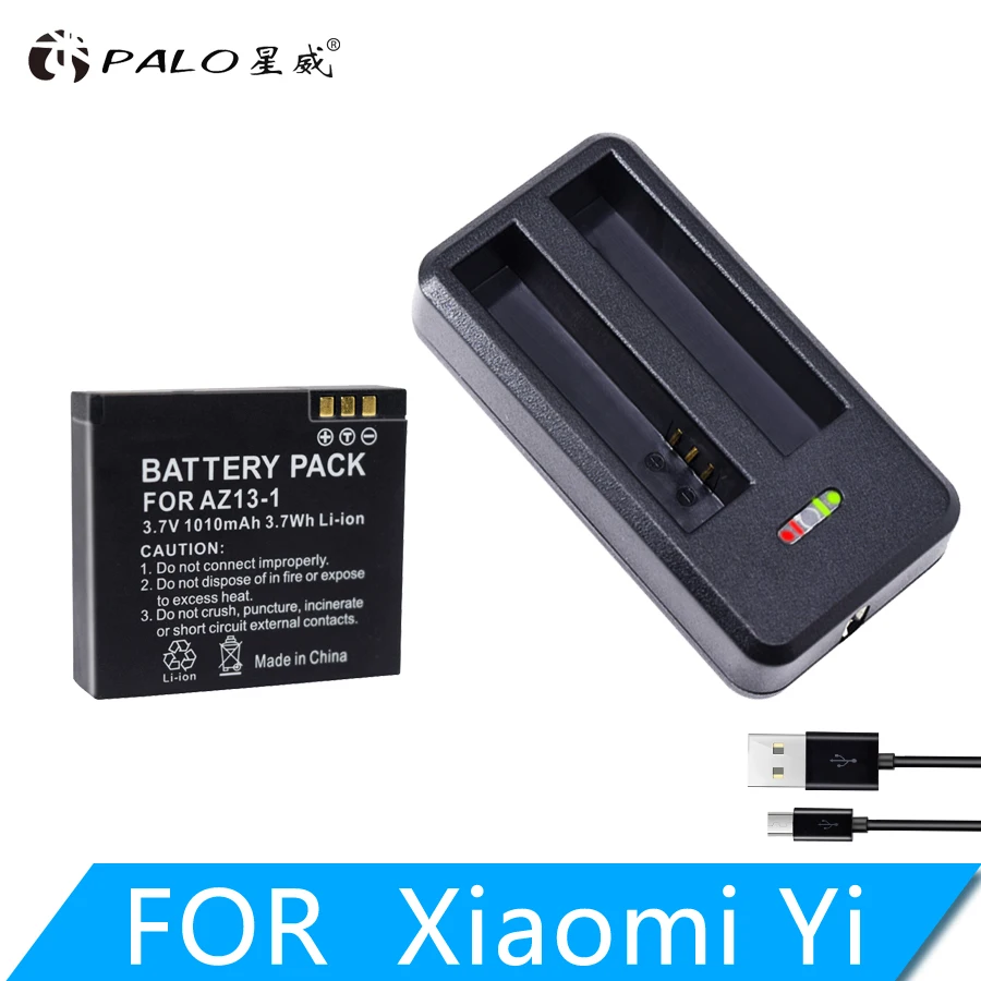 PALO 1010mAh AZ13-1 аккумулятор с USB зарядным устройством для Xiaomi Yi экшн-камеры запасная батарея перезаряжаемая резервная батарея - Цвет: 1pcs and charger