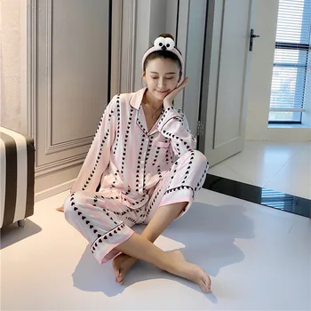 

New ice silk pajamas women spring and summer long-sleeved Japanese sweet striped pajamas ins net red home service cardigan