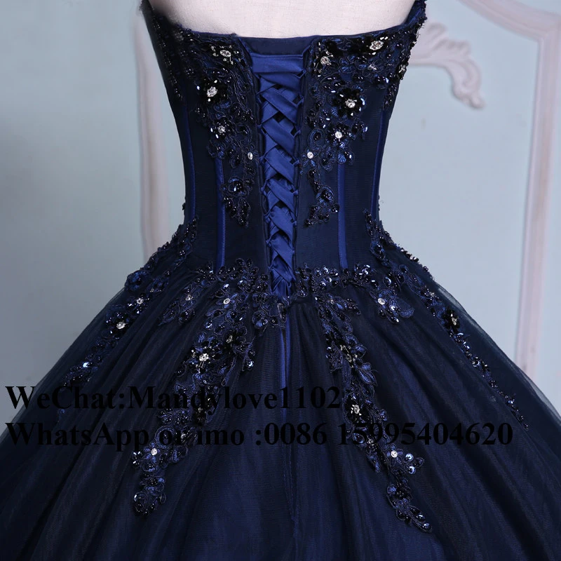 Princess Ball Gown Quinceanera Dresses Elegant Navy Blue Masquerade Sweet 16 Dress Crystal Plus Size vestidos de 15 anos