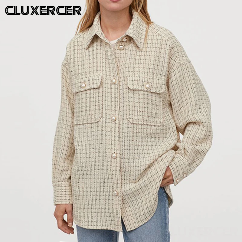 

Spring Autumn Women Vintage Plaid Tweed Shirts Jacket Casual Pearl Button Loose Oversized Outwear Tops