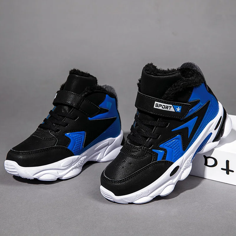 Mudipanda Kids Winter Warm Sneakers For Kids Boys Cotton Shoes Plus Velvet Thick Sports Shoes children's Waterproof Casual Shoes - Цвет: Black Blue
