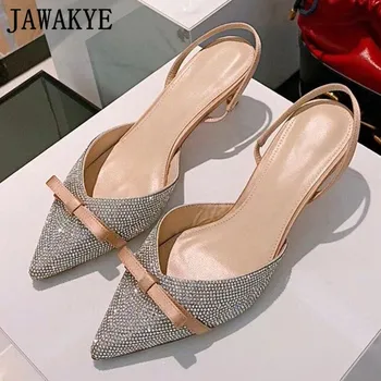 

Blingbling Crystal Kitten Heel Sandals Women Lace Bowknot Slingback Pumps Sexy Pointed Toe Rhinestone Party Wedding Shoes Ladies