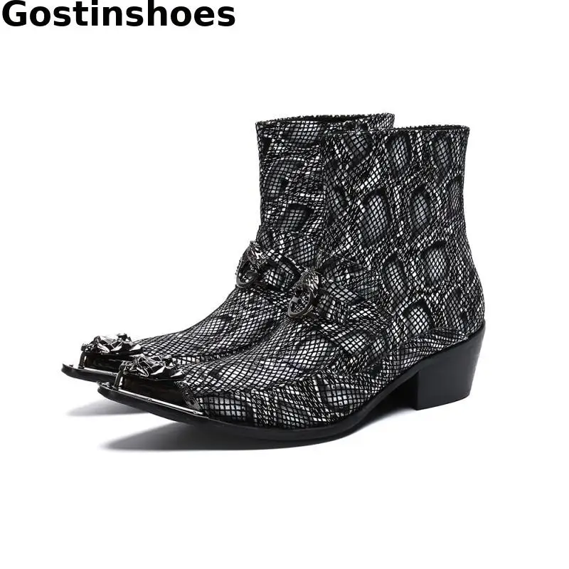 

Martin Boots Grey Genuine Leather Printed Fashion Men Short Boots Buckle Strap Side Zipper Men Work Boots Metal Cap Toe Pointed