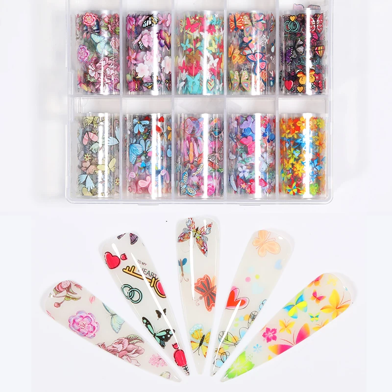 10 рулонов наклейки из фольги для ногтей цветы бабочки переводные наклейки бумажные украшения для ногтей DIY Дизайн ногтей - Цвет: 2