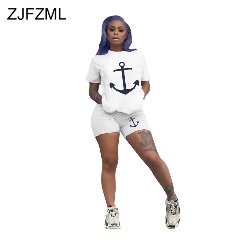 

Anchor Print Sexy Two Piece Set Tracksuit For Women Round Neck Short Sleeve T Shirt And Skinny Short Sweatsuit 2 Piece Outfits