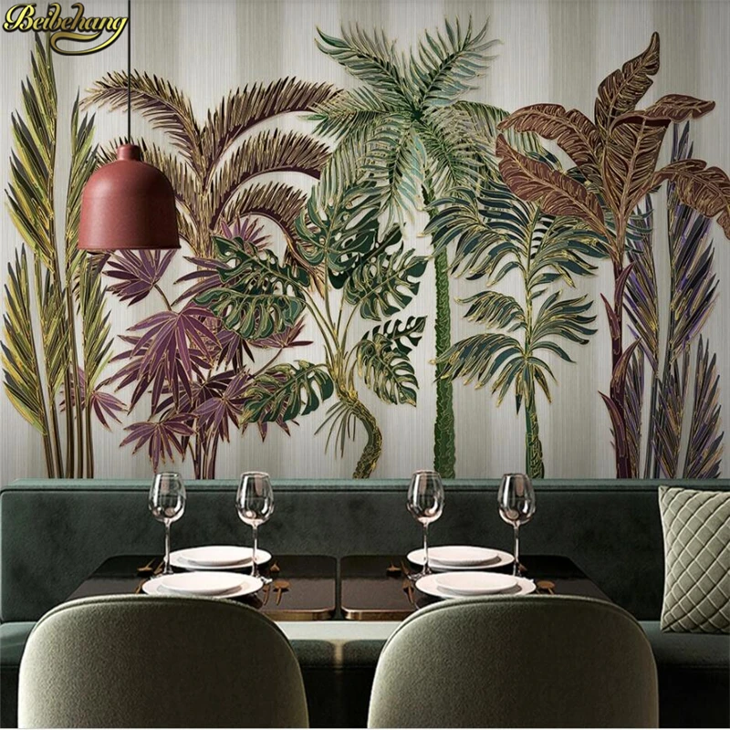 beibehang Custom wallpaper mural Nordic tropical plant forest light luxury embossed gold lines background wall papel de parede