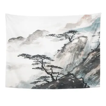 

Print 60x80 Inches Pink Japanese Chinese Landscape Painting China Ink Mountain Tree Garden Brush Wall Hangings Tapestry Home
