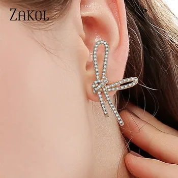 

ZAKOL Korean Temperament Cubic Zircon Bow Asymmetry Stud Earrings for Women Party Jewelry Gift Dropshipping FSEP2703