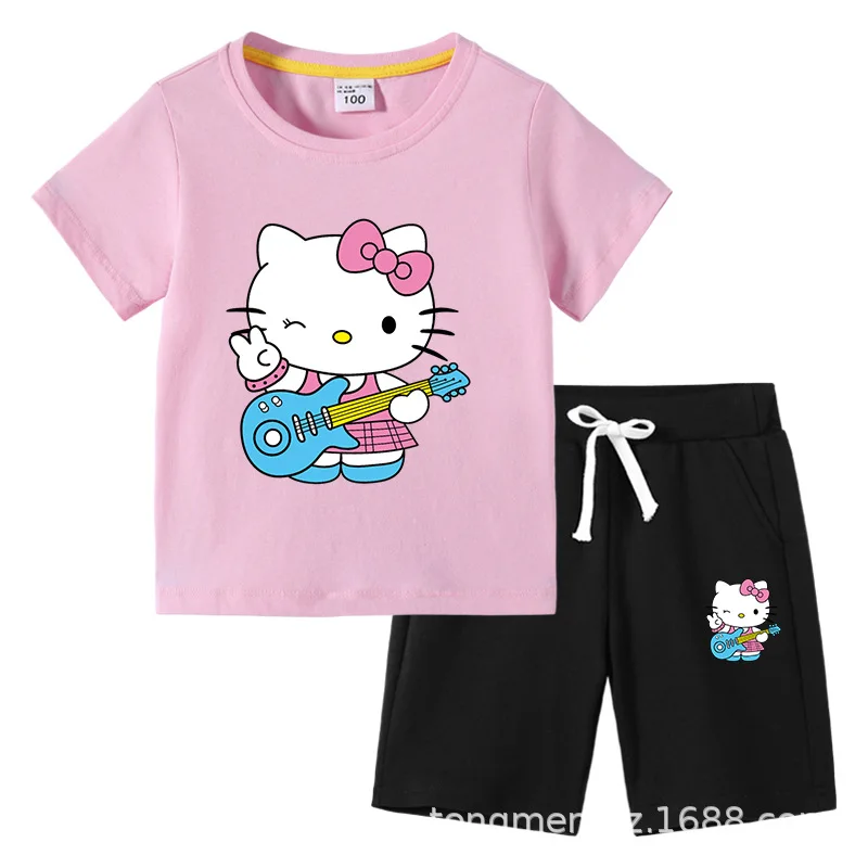 thumbnail image 1 of Hello Kitty verano niños pequeños de algodón de manga corta camiseta traje niños pantalones cortos de manga corta conjunto de dos piezas ropa para niños, 1 of 5