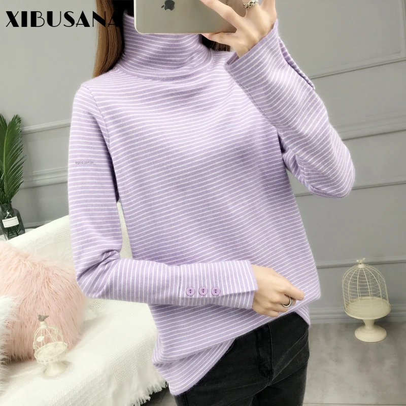 

XIBUSANA Turtleneck Sweater Sweater Women's Pullover Pile Stack Collar Stripes Loose Inner Wear Autumn 2020 New Bottoming Shirt