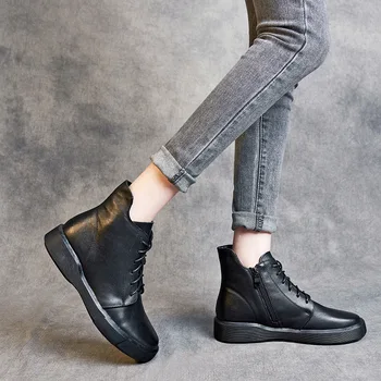 

top layer leather short boots lace up Autumn winter 2020 boots leather women's boots non slip soft soled