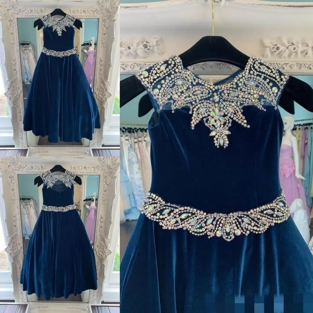 

Peacock Velvet Pageant Dresses for Teens 2019 Bling Rhinestones Long Pageant Gowns for Little Girls Keyhole Back Beaded Waist ro