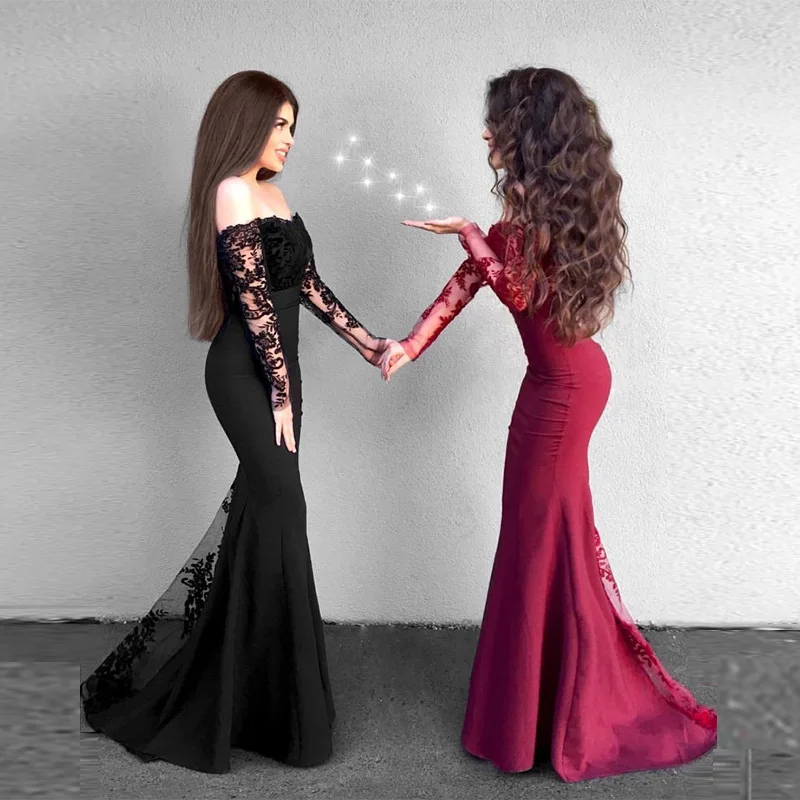 Элегантное женское черное длинное вечернее платье 2019 сексуальное кружевное