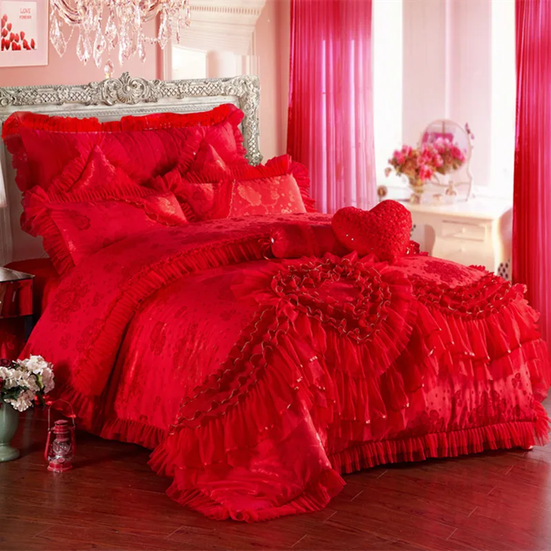 Red Jacquard Satin Bedding Set Luxury Heart-shaped Lace Princess Wedding Duvet Cover Cotton Bed Sheet Bedspread Pillowcases