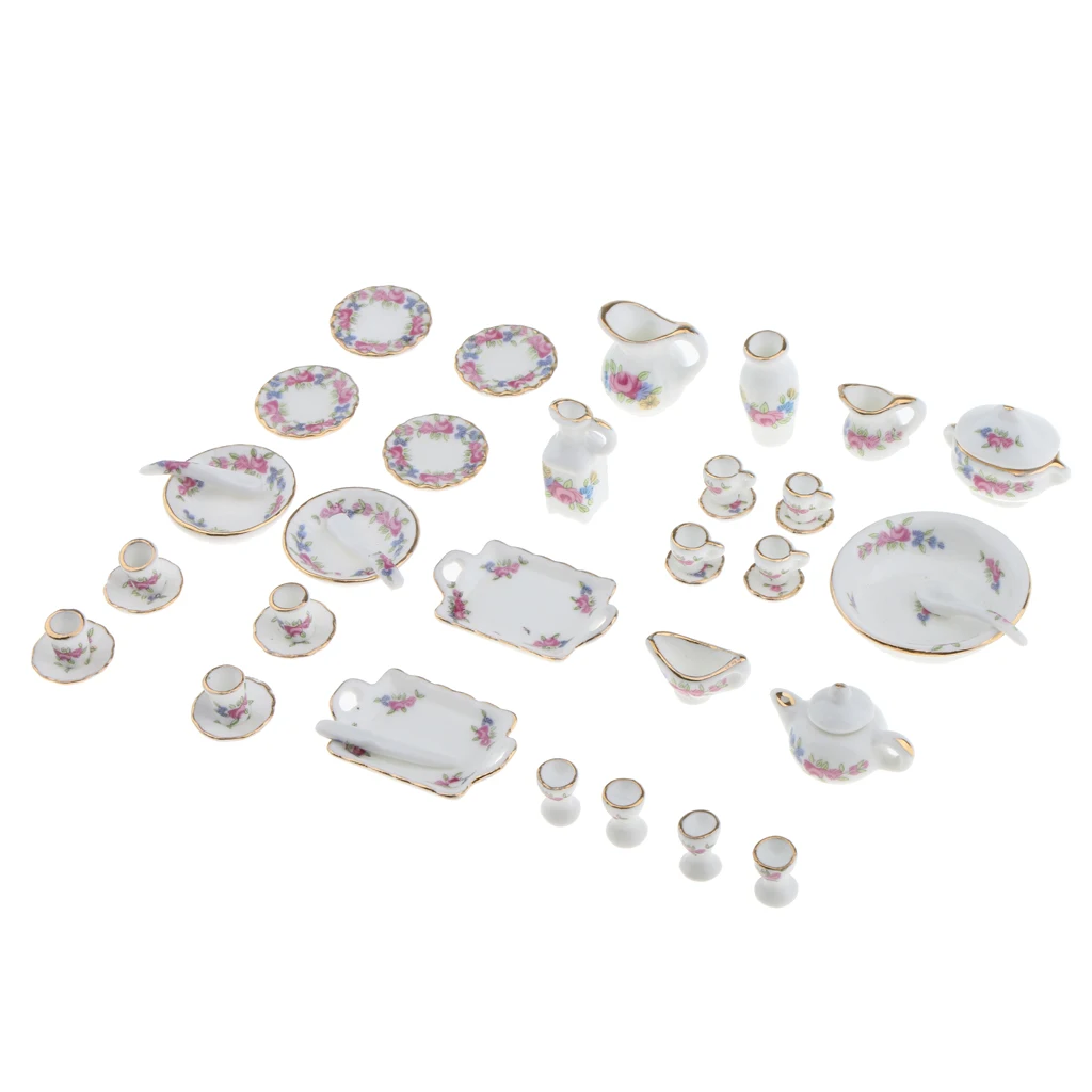40pcs Dollhouse Miniatures Rose Flowers Ceramic Tea Set Pot Cup Plate