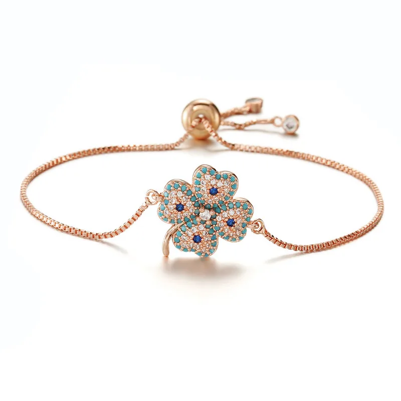 020-Rose Gold Новинка! роскошный женский микро браслет с кубическим цирконием,, милый женский браслет с 4 листьями и цветами, Прямая поставка - Окраска металла: 020-Rose Gold