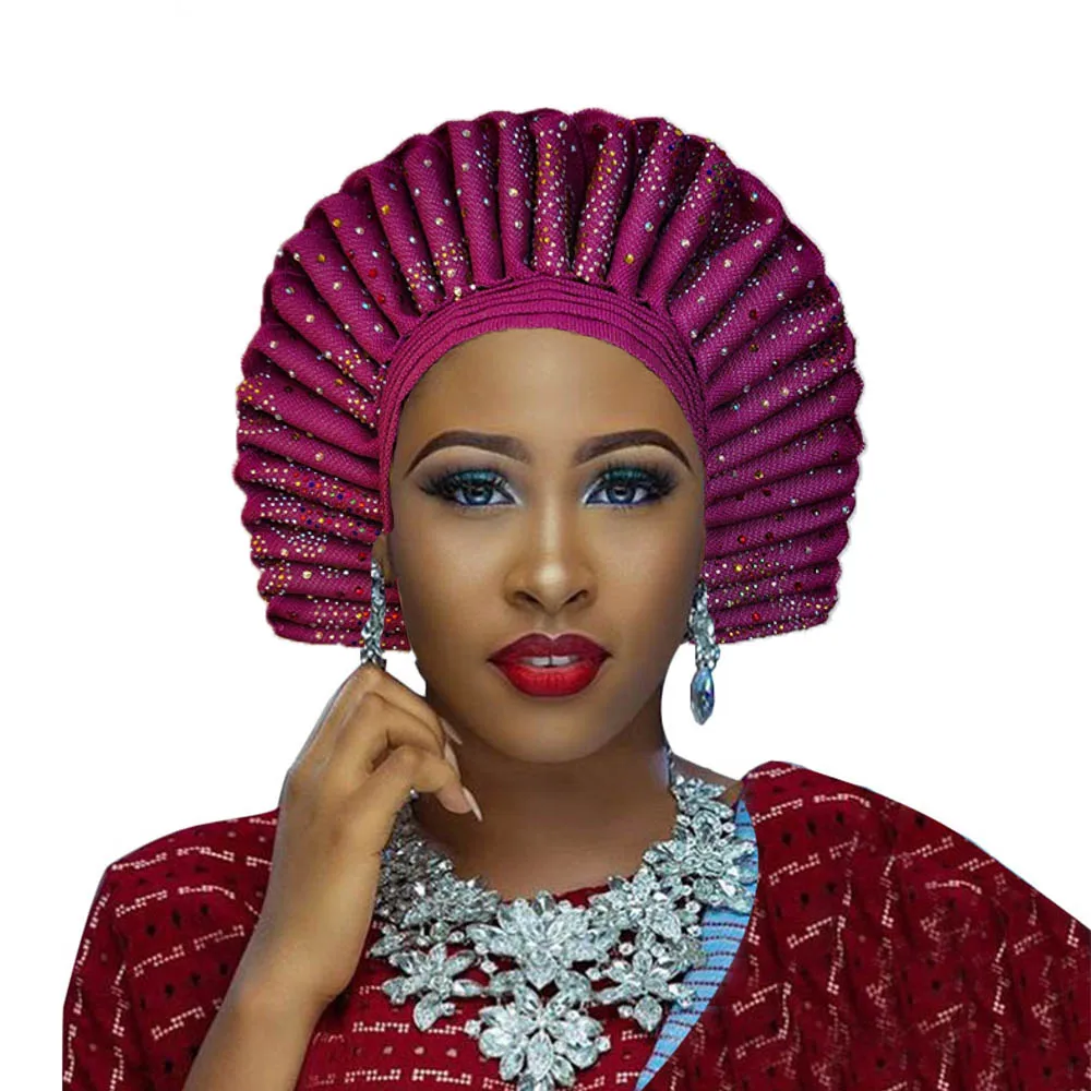 Африканский головной убор aso ebi gele для женщин aso oke головной убор gele с камнем во многих цветах - Цвет: fushcia