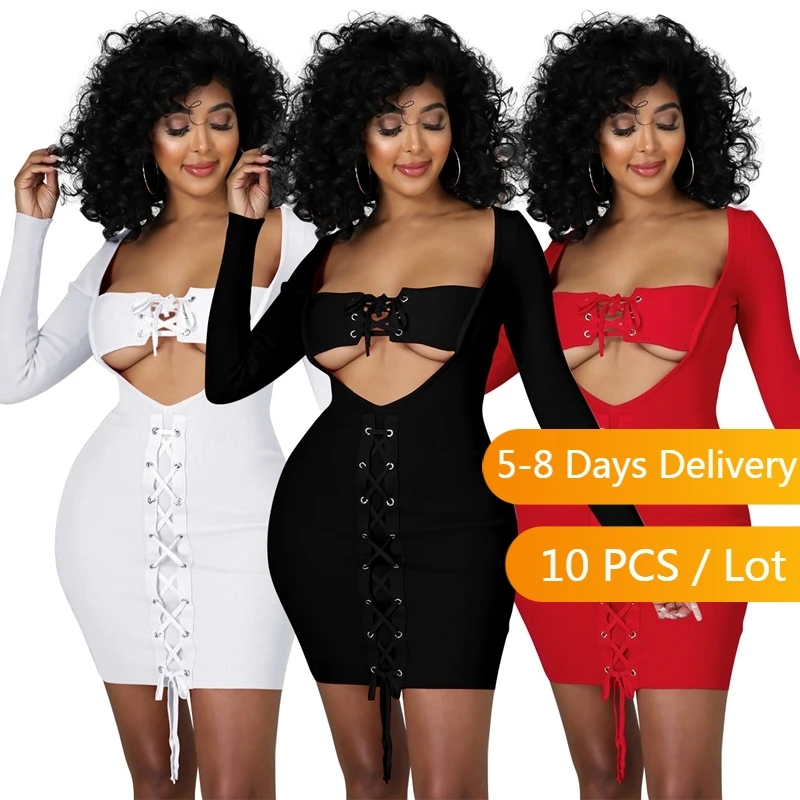 

Wholesale Items Cut Out Bodycon Dress Women Clothes Square Collar Long Sleeve Mini Dress Party Club Lace Up Bandage White Dress