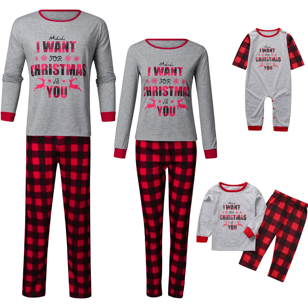 New Christmas Parent-child Outfits Pajama Long Sleeve Letter Print Pullover Plaid Trousers Baby Romper Family Matching | Мать и ребенок