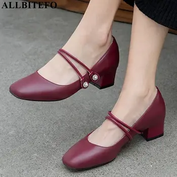 

ALLBITEFO high quality genuine leather high heel shoes Square toe women heels spring autumn Pearl decoration kitten heels