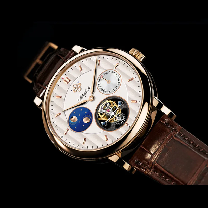 Большой Moon Phase Tourbillon механические часы для мужчин сапфир календарь часы Настоящее st8007 крокодиловая кожа мужские s наручные часы Мода