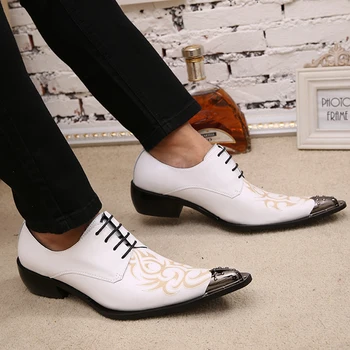 

White Carving Genuine Leather Men Shoes High Heel Wedding ShoesLuxury Metal Design Pointed Toe Business Leisure Dress Man Shoes