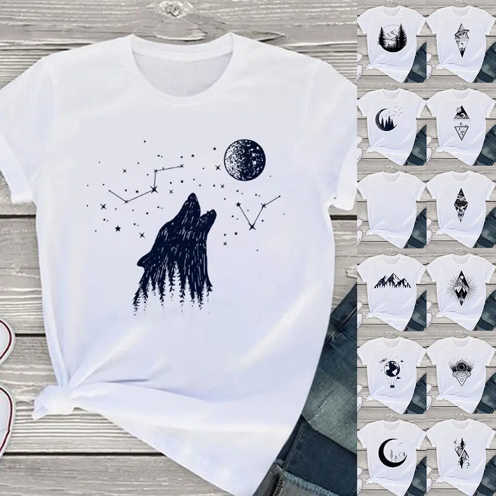 2021 New Female Summer Tops Aesthetic Mountain Print T-shirt Vintage Tshirt Woman Fashion O-neck Tee Harajuku Casual Short