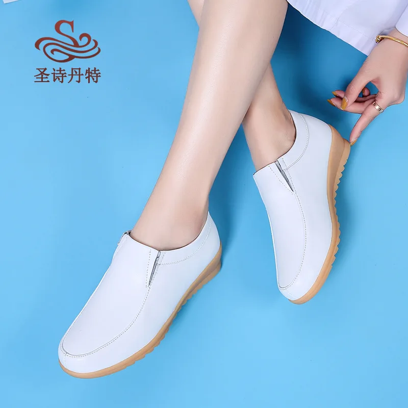 

Autumn And Winter Genuine Leather Nurses WOMEN'S Casual Shoes White with Fleece Lining Warm Rubber Sole Shoes Comfortable Work S