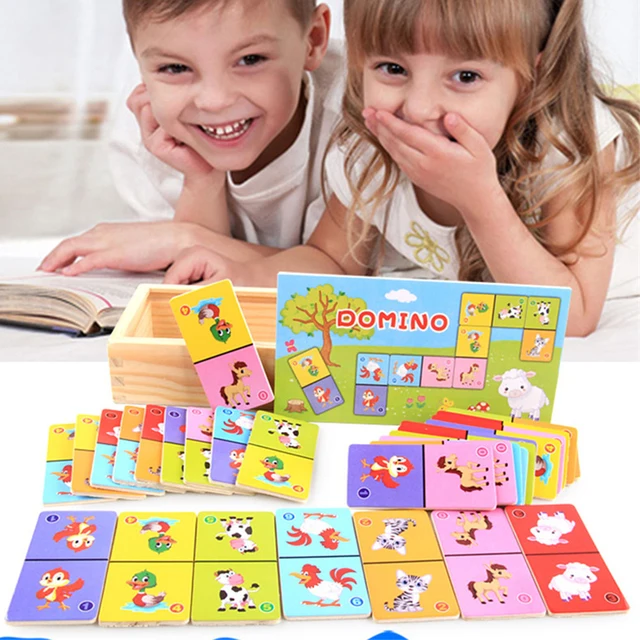 Montessori Wooden Domino Building Blocks Set Early Educational Toys Kids Cartoon Cognitive Animal Dominoes Puzzle Toy Children 3