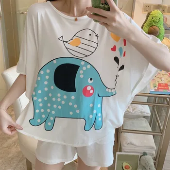 

Cartoon Print Women Pajama Set Summer Bat Short Sleeve Shorts Cute Home Wear 2020 Cute Ladies Pajamas Two Piece Sets Pajama