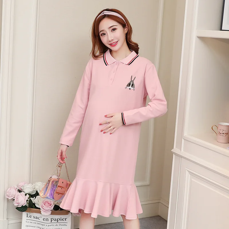 

2018 Spring And Autumn Cotton Linen Pregnant Women Long-sleeved Dress Flounced Large Size Loose Maternity Dress X-long