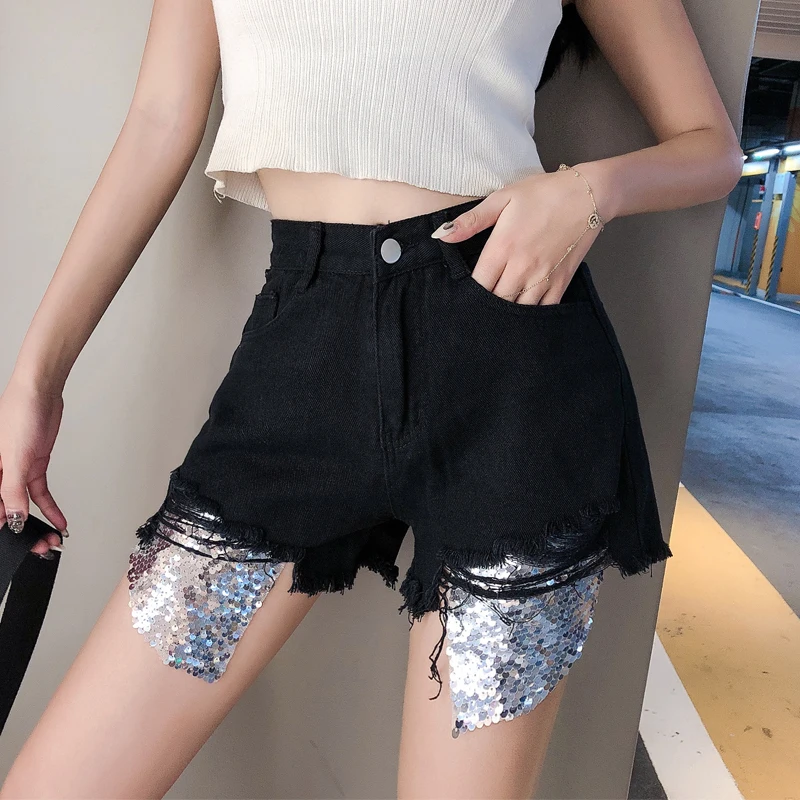 Новые джинсовые шорты с блестками и карманами, женские летние модные рваные джинсы в стиле кэжуал, модные женские черные шорты с высокой талией