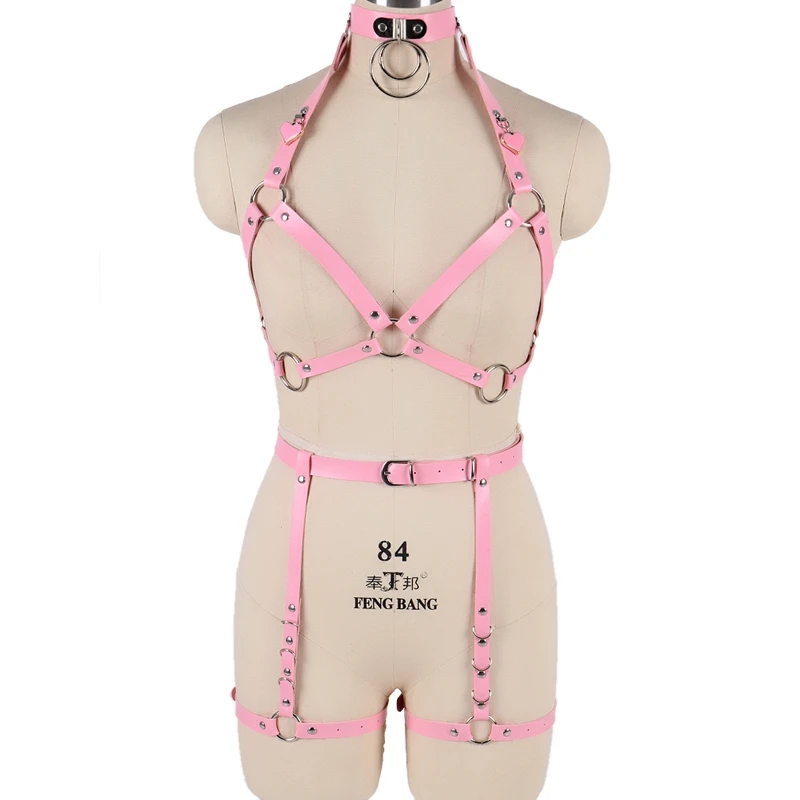 Розовый кожаный комплект с ремнем для связывания, бюстгальтер с вырезом, сексуальное женское белье, Harajuku Готический регулируемый бюстгальтер, Клубные вечерние фестивальный рейв для танцев - Цвет: PG0210PG0248