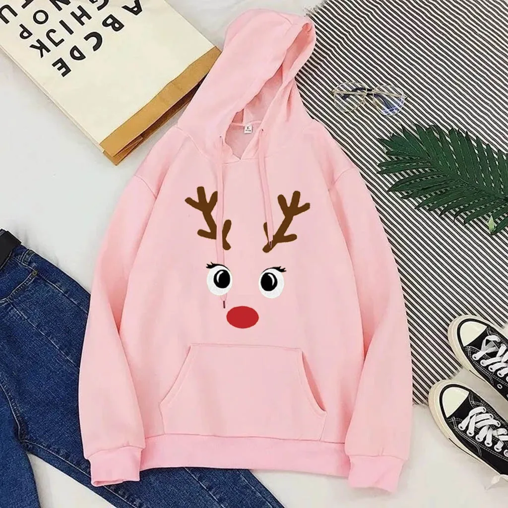 Christmas Print Sweatshirt Elk Printed Women Long Sleeve Christmas Hoodies Blouse Pullover Loose Street Tops jersey navidad