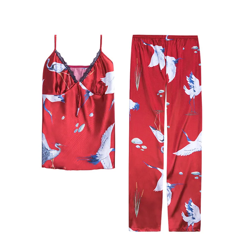 

European Women Pajamas Set With Pants Satin Pyjama Spaghetti Strap Silk Sleepwear Loungewear Satin Flower Print Nightwear