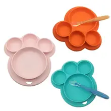 Розовый, синий, оранжевый цвет силиконовые Bearpaw форма Детская тарелка с ложкой набор Дети младенческой безопасная посуда чаша