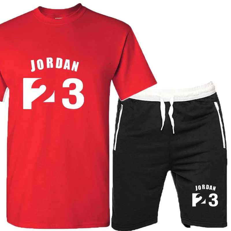 JORDAN 23 спортивный костюм с принтом футболка+ шорты модные тенденции в фитнесе хлопковые брендовые футболки для мужчин одежда для бодибилдинга M-XXL - Цвет: Red-B-HeiK