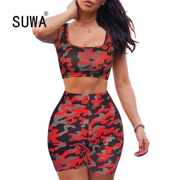

Camouflage Military Style 2 Piece Set Women Track Suit Vest Crop Top + Sweat Pants Biker Shorts Summer Casual Fashion Outfits