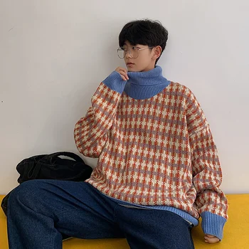 

Winter New Thick High Collar Sweater Men's Warm Fashion Retro Casual Knit Pullover Man Streetwear Wild Loose Plaid Sweater Male