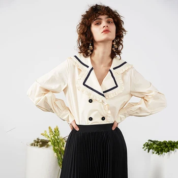 

loose Women Ruffles Split Joint Temperament Blouse New Lapel Long Sleeve Loose Fit Shirt Fashion Tide Spring Autumn 2020 1R688