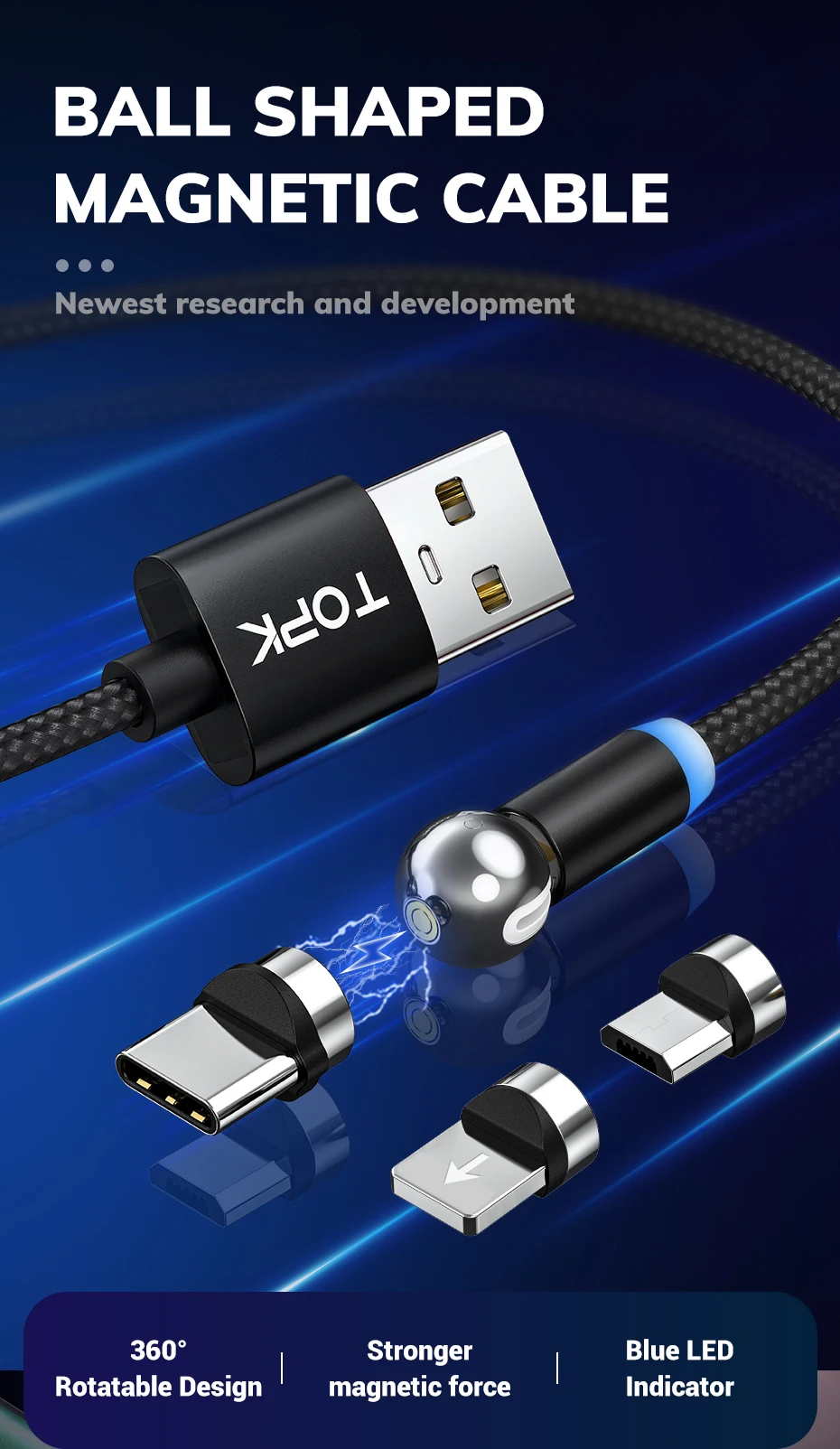 Магнитный кабель TOPK с поворотом на 360 градусов, сферический зарядный кабель type C, кабель Micro USB, Магнитный зарядный кабель для iPhone 11 Xs X