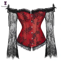  Long Floral Sleeves Women's Sexy Gothic Victorian Corset Vintage Lace Up Bustier Off Shoulder Corsets Overbust Top 