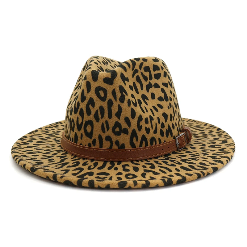 FS модная женская мужская леопардовая джазовая шляпа белого бежевого цвета унисекс винтажная Трилби Кепка с широкими полями фетровые шляпы с поясом - Цвет: Camel fedora