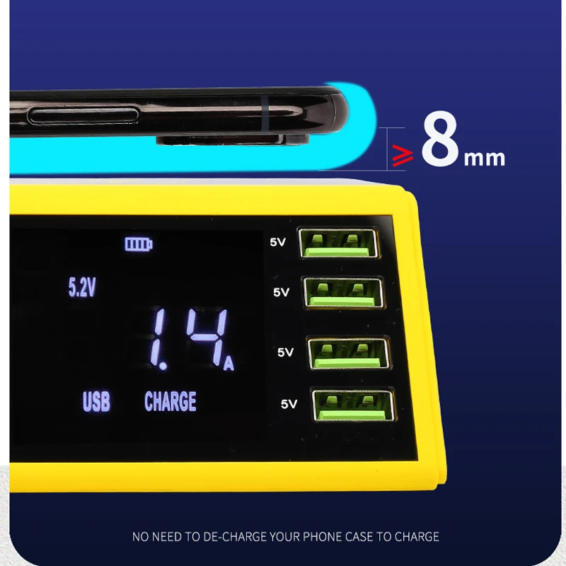  Mecánico 8 USB cargador inteligente QC 30 carga rápida Carga inalámbrica con pantalla LCD