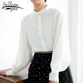 

Summer Vintage Solid Stand Collar Women Blouses Casual Long Sleeve Cardigan Chiffon Women's Blouse Camisas Mujer 2019 5262 50