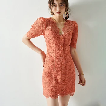 

2020 Spring / Summer New Lady V-neck Lace Hollow Hook Flower Mini Dress Women