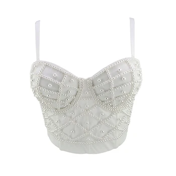 

glitter pearl beading sexy summer bustier streetwear solid color korean style sleeveless crop top women off shoulder tank tops