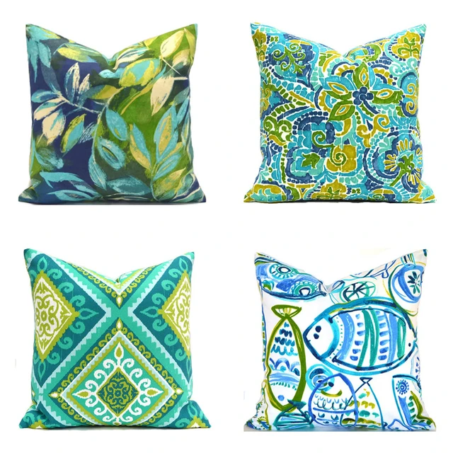 Blue Green Modern Floral Throw Pillow Cover