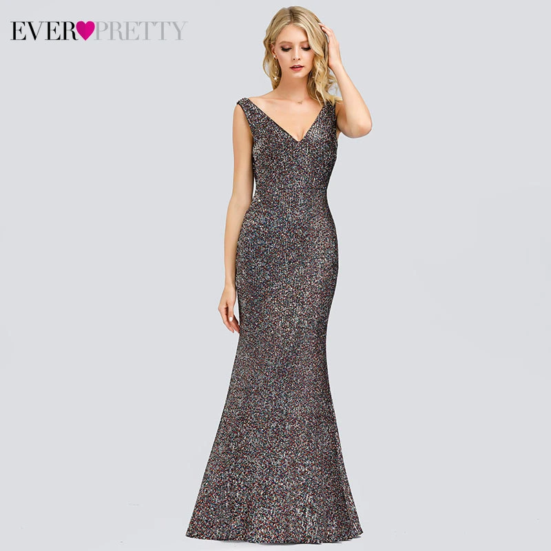 Luxury Mermaid Evening Dresses Long Ever Pretty EP00837PK Sequined Double V-Neck Sexy Ladies Party Gowns Robe De Soiree Sirene